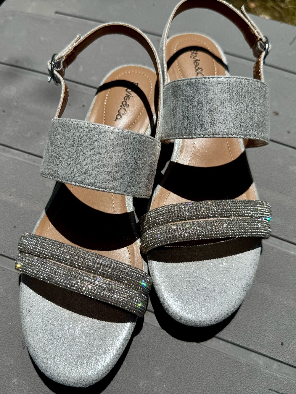 Style & Co Silver Selbiee Slingback Sandals with Rhinestone Strap, NIB